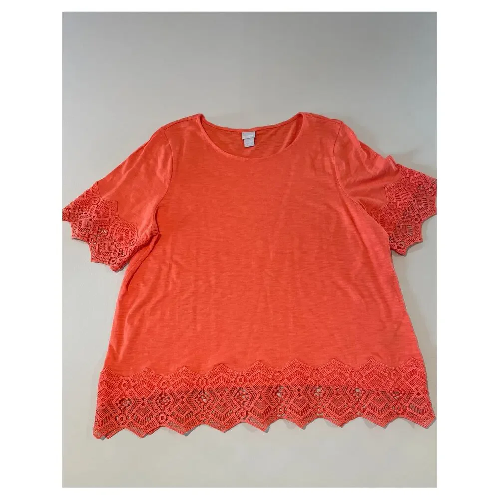 Chico’s Top Orange Coral Lace Trim Short Sleeve Boho Casual Size 3 XL